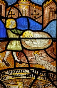 Window 5 depicting St Neot - the fish are returned to the well by English School