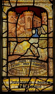 Window 5 depicting St Neot ploughing with the help of stags by English School