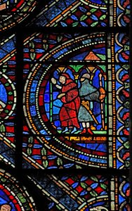 Window 7 depicting a scene from the life of St Thomas Becket: an armed knight and a monk by English School