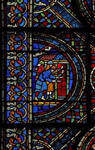 Window n7 depicting a scene from the life of St Thomas Becket: knights at the door of Canterbury