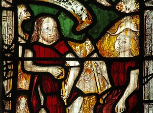Window 1 depicting Adam delves while Eve spins by English School