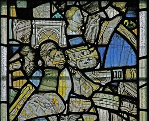 Window depicting details including trumpeters, fragments from a Crucifixion scene, heads and architectural details by English School