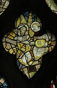 Window depicting two musician angels, one with a hurdy-gurdy by English School