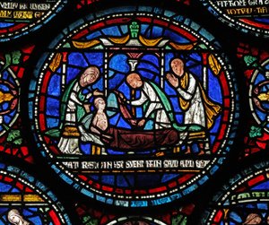 Window 6 depicting a scene from a St Thomas Becket Miracle window: Cicely of Plumstead sits up on her bier by English School