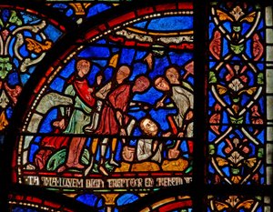 Window 7 depicting a scene from a St Thomas Becket Miracle window: William of Gloucester buried and uncovered