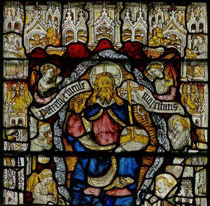Window w24 depicting the Te Deum: God and angels by English School