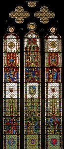 Window w31 depicting a composite window with St Edmund, St William, St George, Annunciation, Adoration of the Magi