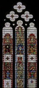 Window w32 depicting St George, St Lawrence, St Stephen, St Cuthbert, St Peter, St Anne, St Joachim by English School