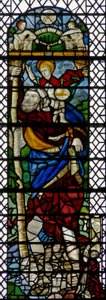 Window w36 depicting St Christopher - a hybrid figure of French C16 and English C15 glass assembled in 1956 by English School