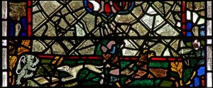 Window w40 depicting a border panel with stag chasing by English School