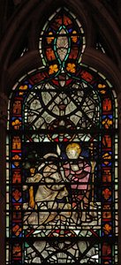 Window W58 depicting the doubting St Thomas; grisaille and border by English School