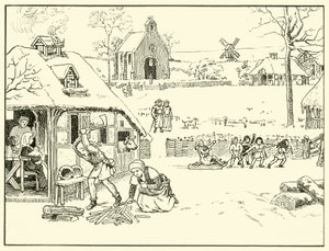 Winter Scene in a Village. 14th Century by English School