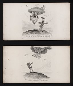 Woman being carried off by her enormous hat on a windy day by English School