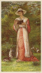 Woman reading a book in a garden with rabbits by English School