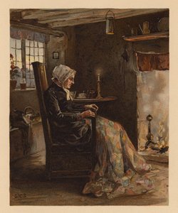 Woman sewing a patchwork quilt by English School