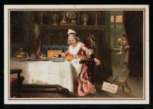Woman taking tea with her cat, Christmas greetings card by English School