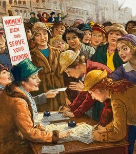 Women volunteers for work in World War I by English School