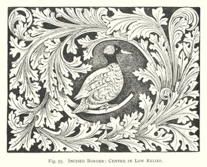 Wood carving: Incised border, centre in low relief (engraving) by English School