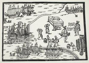 Woodcut illustrating the wine trade between Bordeaux and England by English School