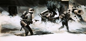 World War 2 soldiers attack a bunker with a flamethrower by English School