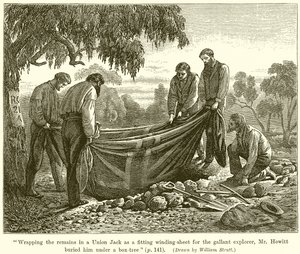 Wrapping the Remains in a Union Jack as a Fitting Winding-Sheet for the Gallant Explorer, Mr. Howitt Buried Him Under a Box-Tree by English School