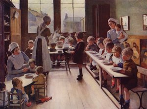 Young children at mealtime in a day nursery by English School
