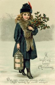 Young girl with Holly and Lantern, postcard