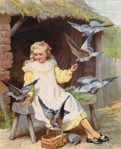 Young Girls Feeding Pigeons on a Farm