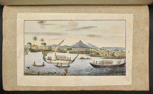 River scene in Java with boats, including a dragon-headed boat by English School
