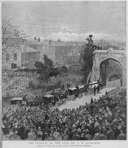 Funeral procession carrying the body of English Particular Baptist preacher Charles Haddon Spurgeon arriving at the gates of Norwood Cemetery, London