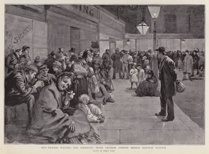 Hop pickers waiting outside London Bridge Station for the midnight train to Kent by Enoch Ward