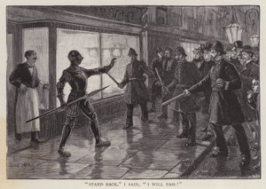 Policemen confronted by a man wearing a suit of medieval armour on a London street