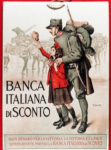 First World War: Italian poster encouraging a national loan representing a soldier with a little girl offering his lira. Illustration by Enrico della Leonessa (Lioness) (1875-1921)