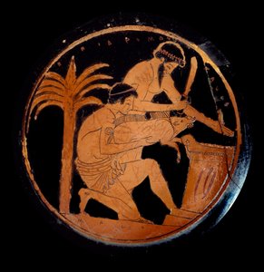 Greek Art: Cup with Red Figures in Ceramic, Medallion: Sacrifice of a Pig on an Altar During a Religious Rite by Epidromos Painter