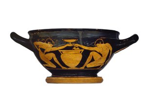 Attic red-figure cup-skyphos, decorated with two naked youths kneeling by a column-crater, c.520-500 BC