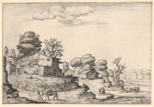 Landscape with Peasant Dwellings and a Man Leading a Horse in the Left Foreground by Ercole Bazicaluva