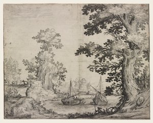 Landscape with a River Between Trees and Hills, Two Ships in the Center by Ercole Bazzicaluva