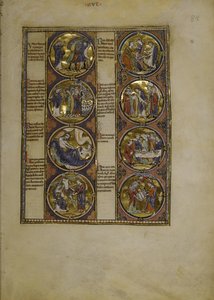 Full page: eight medallions enclosing miniatures with text, c.1225-1250