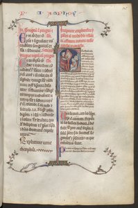 Full Page: Text and Historiated Initial: Seated on the Left is the Commentator Constantinus Africanus of Montecassino