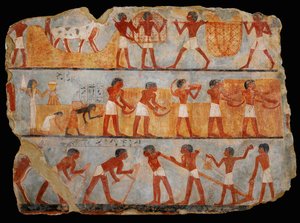 Slaves Carrying Wheat in Baskets; Harvesting with Sickles; Four Men Pull a Plough