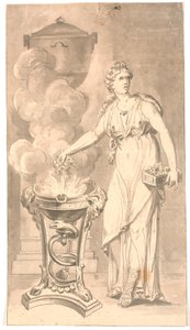 Woman in Classical Dress Offering Flowers in a Sacrificial Bowl with Fire