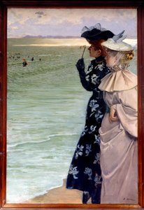 Belle Epoque: Bath time by the sea. Two women on the shore examining the bathers with binoculars by Ernest Ange Duez