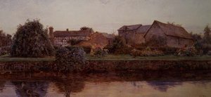 A House and Farm Buildings by a River by Ernest Arthur Rowe