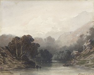 Mountain Lake in the Shadow of Dark Trees, with Light Hills and Snow Peaks Behind by Ernest Cicéri