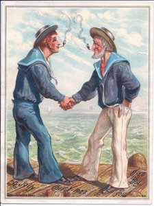 A Victorian Christmas Card of Two Sailors Smoking Clay Pipes and Shaking Hands, c.1880
