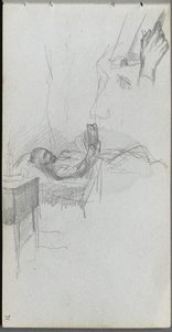 Sketchbook, Page 71: Study of a Figure Reading in Bed, Study of a Hand by Jean Louis Ernest Meissonier