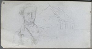 Sketchbook, page 99: Study of Figure, Building
