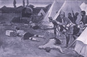The attack on the British camp in the market place of Jacobsdal (illustration from After Pretoria: The Guerilla War, 1902) by Ernest Prater