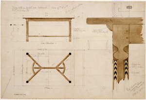 Design for a Dining Table in English Oak, Darkened, with a Hayrake Stretcher, 2nd October 1908