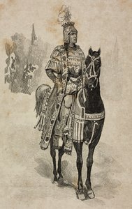 Duke of Aosta Emanuele Filiberto of Savoy in costume of Umberto Biancamano at Villa Borghese tournament for silver wedding of Umberto I and Margherita of Savoy, Rome, Italy